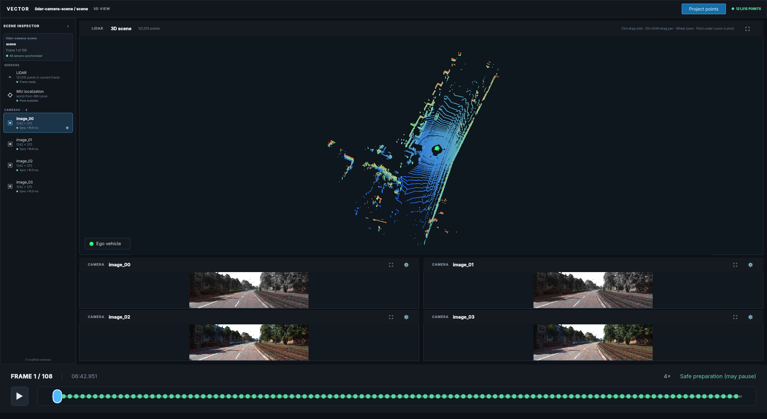 Main workspace showing the LiDAR scene, synchronized camera previews, scene inspector, and timeline.